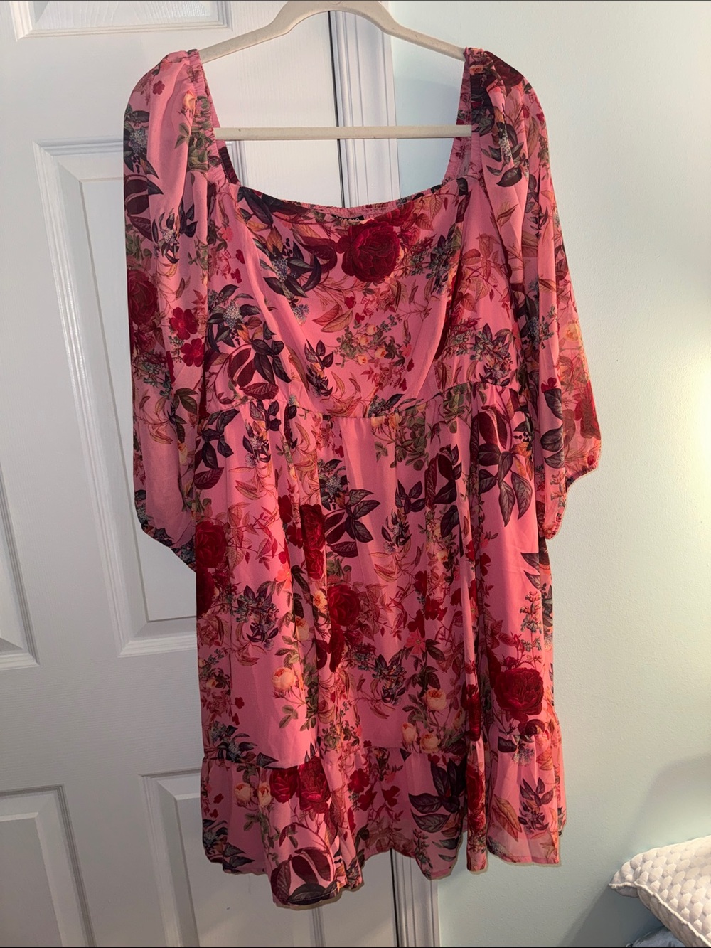 torrid Pink Floral Square-Neck Midi Dress with Puff Sleeves